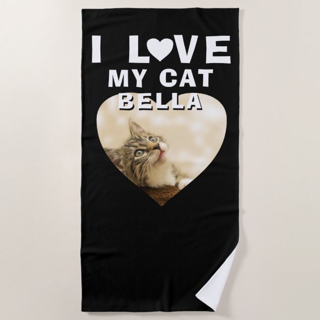 Serviette De Plage J'aime mon chat Coeur Photo Nom du chat Noir (Devant)