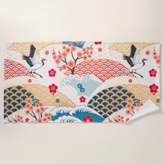 Serviette De Plage Japanese Crane and Cherry Blossom Waves