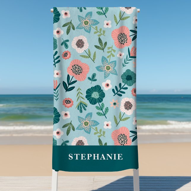 Serviette De Plage Jardin Botanique Rose Et Bleu Printemps Personnali (Créateur téléchargé)