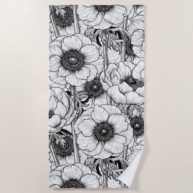 Serviette De Plage Jardin d'anémones en noir et blanc (Devant)