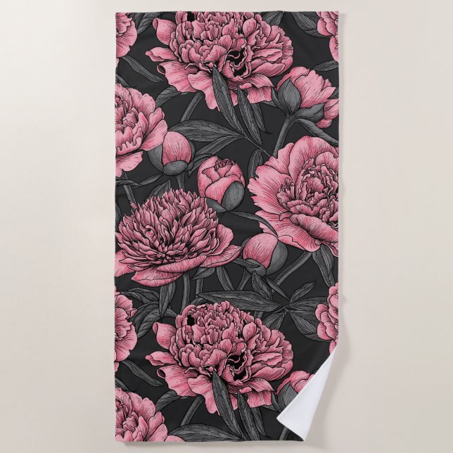 Serviette De Plage Jardin de pivoine nocturne rose et gris (Devant)