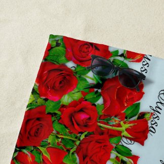 Serviette De Plage Jardin de roses rouges classique romantique nom pe