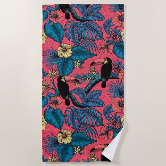 Serviette De Plage Jardin toucan en rouge et bleu (Devant)