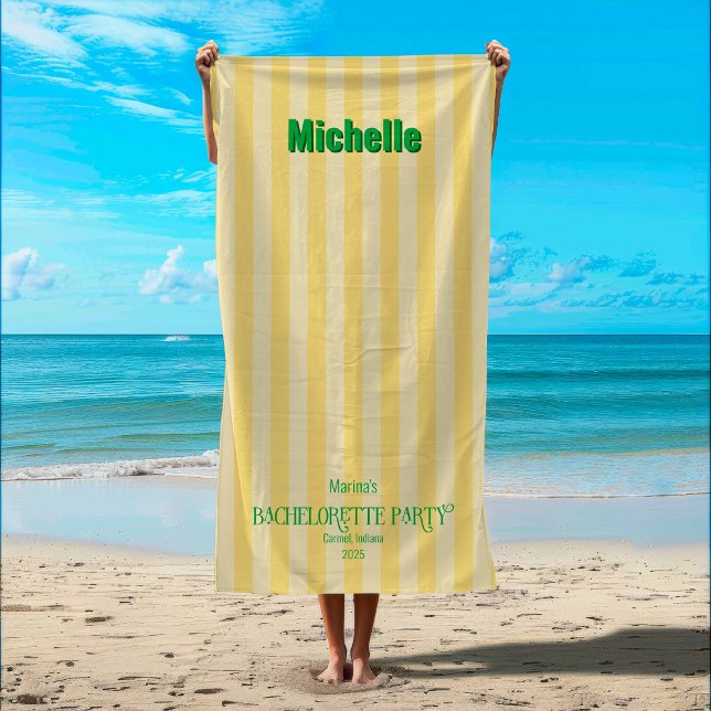 Serviette De Plage Jaune + Green Coastal Stripe Bachelorette Party (Yellow + Green Coastal Stripe Beach Towel)