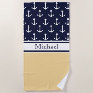 Serviette De Plage Jaune Marine Bleu Ancre Nom Motif Nautique