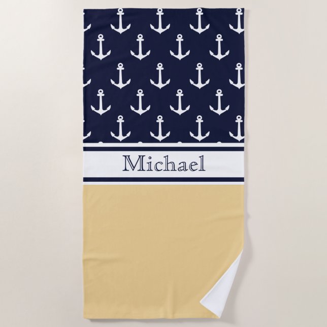 Serviette De Plage Jaune Marine Bleu Ancre Nom Motif Nautique (Devant)