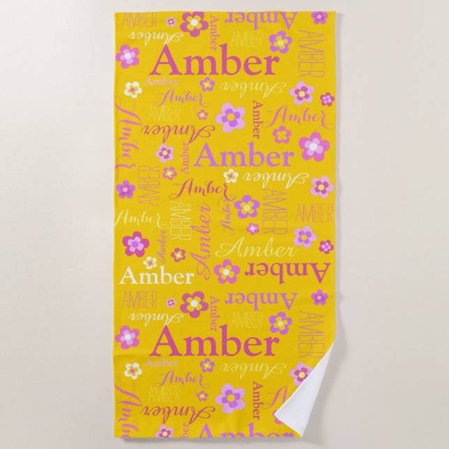 Serviette De Plage Jaune rose violet filles nom Fleur d'ambre (Devant)