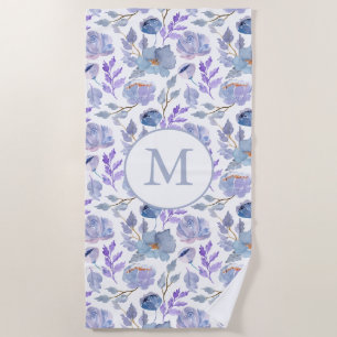 Serviette De Plage Joli bleu bleu Lilac Aquarelle Floral Monogramme