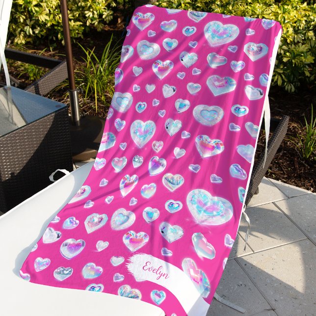Serviette De Plage Joli coeur en cristal brillant 3D sur rose (Créateur téléchargé)