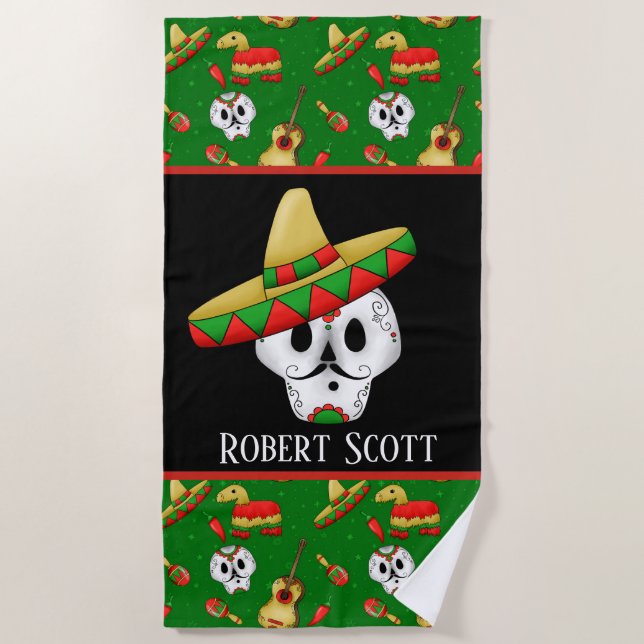 Serviette De Plage Joli crâne mexicain ajouter nom (Devant)