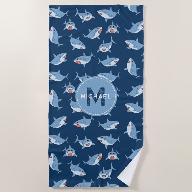 Serviette De Plage Joli grand requin blanc Motif Océan Monogramme (Devant)