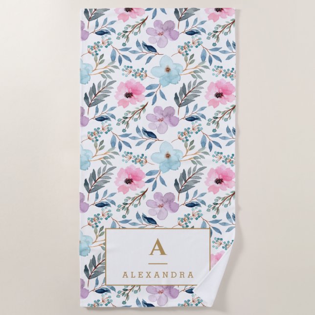 Serviette De Plage Joli Pastel Blue Aquarelle Fleurs Monogramme  (Devant)