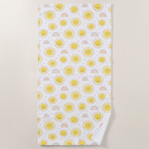 Serviette De Plage Joli soleil pastel, arcs-en-ciel et coeurs