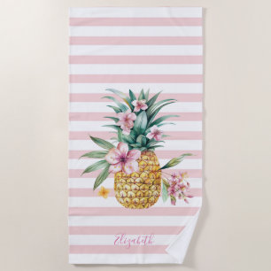 Serviette De Plage Jolie Filleur Floral Ananas Rose Rayures 