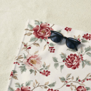 Serviette De Plage Jolie Fleur Rouge Crème Chic 
