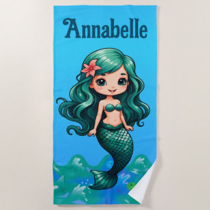 Serviette De Plage Jolie sirène aux cheveux turquoise Personnaliser