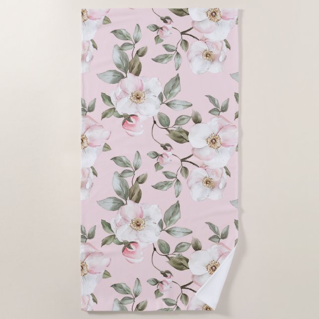 Serviette De Plage Jolies fleurs roses et blanches   (Devant)