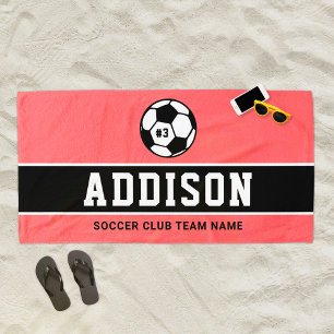 Serviette De Plage Joueur de football Rose Corail Nom personnalisé