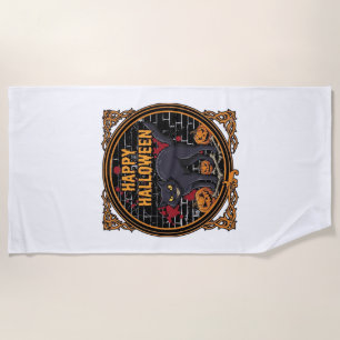 Serviette De Plage Joyeux Halloween Chat Noir Citrouilles Os_1