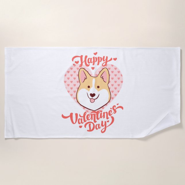 Serviette De Plage Joyeux Valentines Jour mignon Corgi Chien (Devant)