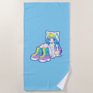 Serviette De Plage Kawaii Rainbow Star Cat-Eared Girl