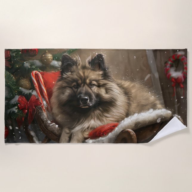 Serviette De Plage keeshond Festive de Noël de chien (Devant)