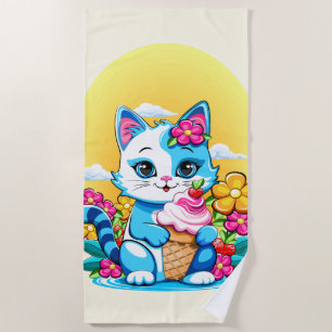Serviette De Plage Kitty Chat avec crème glacée Summer Kawaii Caractè