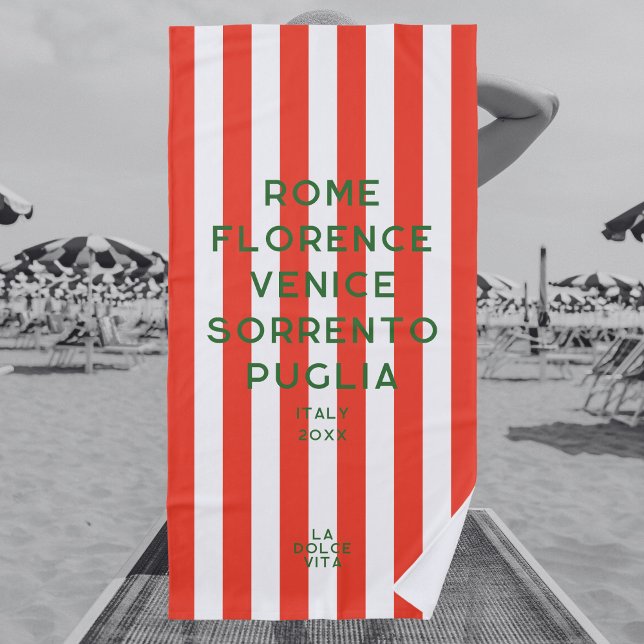 Serviette De Plage La Dolce Vita 5 Destinations Red Italie Stripe (Créateur téléchargé)