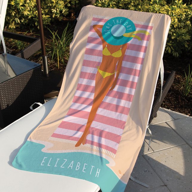 Serviette De Plage La Mer Le Jour | Beauté de la plage bronzage Nom p (Créateur téléchargé)
