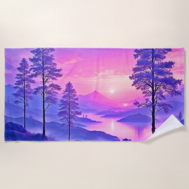Serviette De Plage L'art paysager du coucher de soleil violet (Devant)