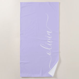Serviette De Plage Lavande Purple Script Moderne Fille Monogramme Nom