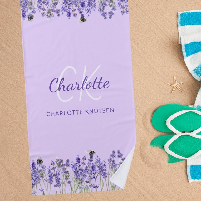 Serviette De Plage Lavande violet fleurs monogramme initiales (Créateur téléchargé)