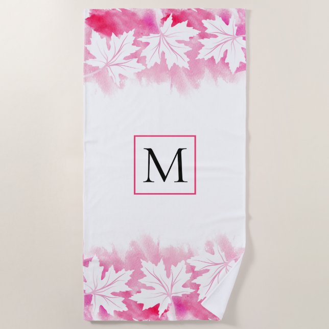 Serviette De Plage Laver et monogramme d'aquarelle de la feuille d'ér (Devant)