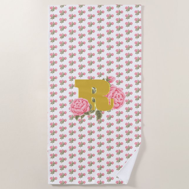 Serviette De Plage Lettre initiale du Rose floral Monogramme Nom Coup (Devant)
