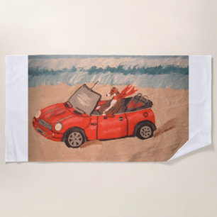 Serviette De Plage Lévrier dans une voiture rouge à la plage