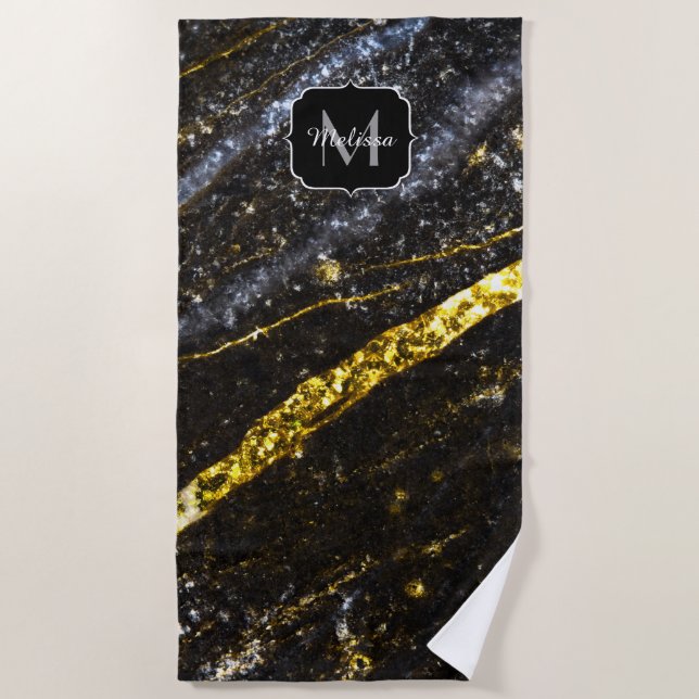 Serviette De Plage Ligne brillante or noir chic abstrait Monogramme (Devant)