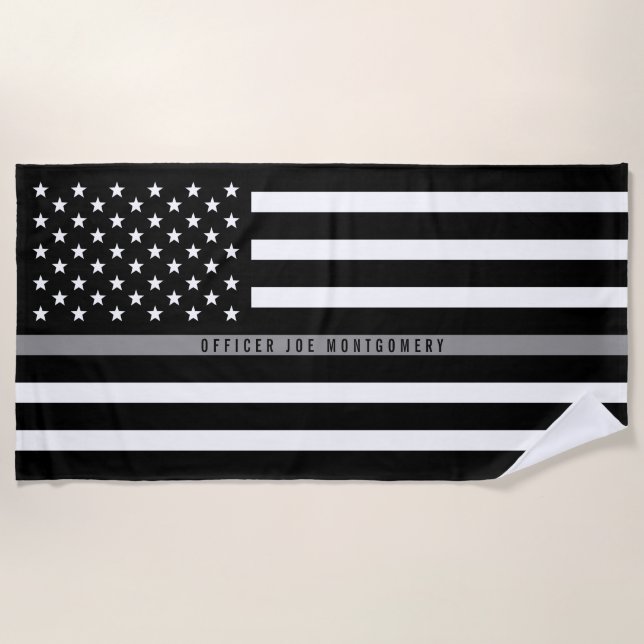 Serviette De Plage Ligne gris mince Drapeau américain Monogramme (Devant)