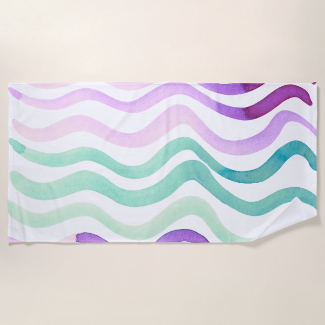 Serviette De Plage Lignes d'aquarelles violettes et vertes (Devant)