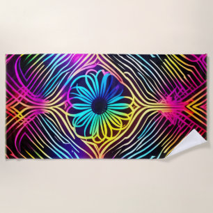 Serviette De Plage Lignes de néon psychédélique avec art floral