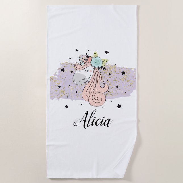 Serviette de plage lilas d'aquarelle de licorne (Devant)