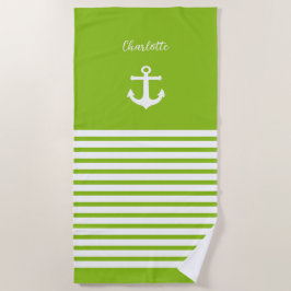 Serviette De Plage Lime et bandes blanches Nautique Personnalisé