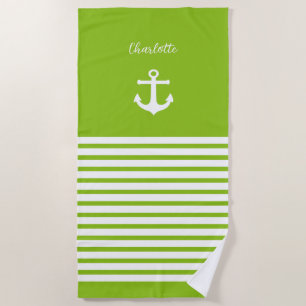 Serviette De Plage Lime et bandes blanches Nautique Personnalisé