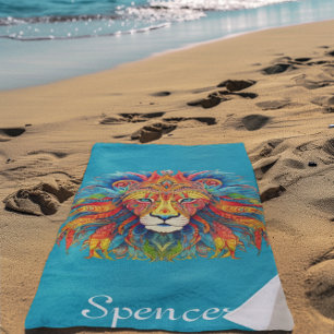 Serviette De Plage Lion tribal majestueux avec nom personnalisé