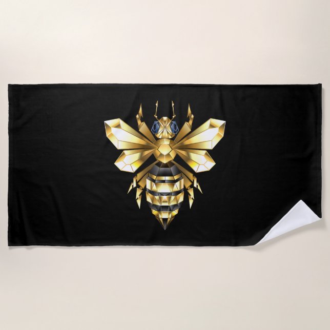Serviette De Plage Logo Faux Gold Foil Bee Polygonal sur Noir (Devant)