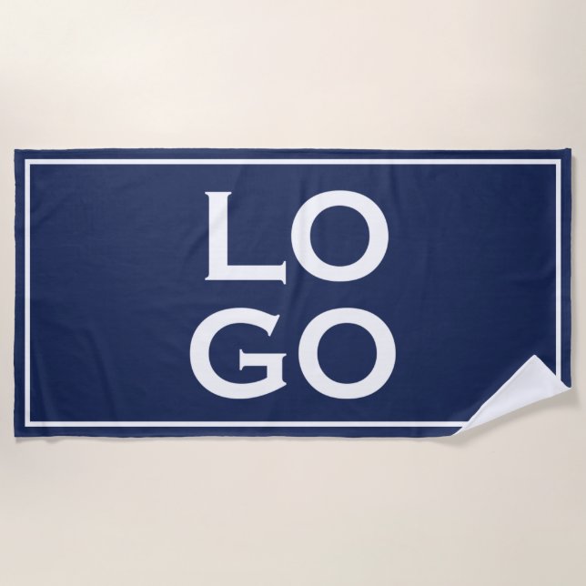 Serviette De Plage Logo personnalisé avec cadre sur bleu marine (Devant)