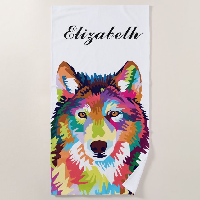Serviette De Plage Loup d'art pop coloré personnalisé (Devant)