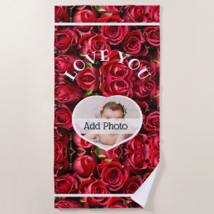 Serviette De Plage Love You Heart Photo Red Roses Modern Script migno