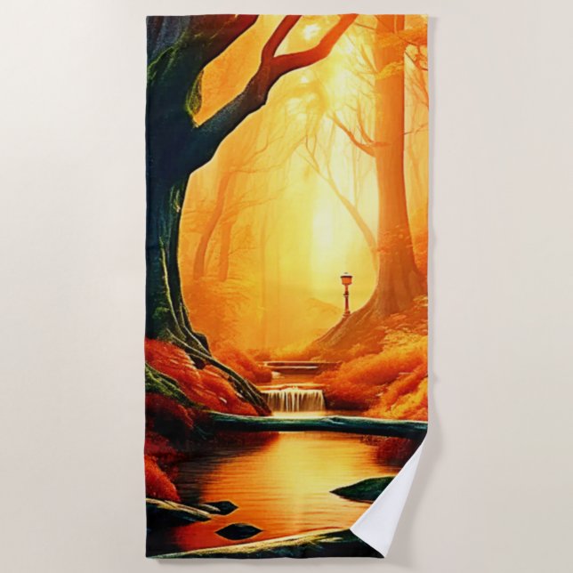 Serviette De Plage Lumière dorée de la forêt enchantée (Devant)