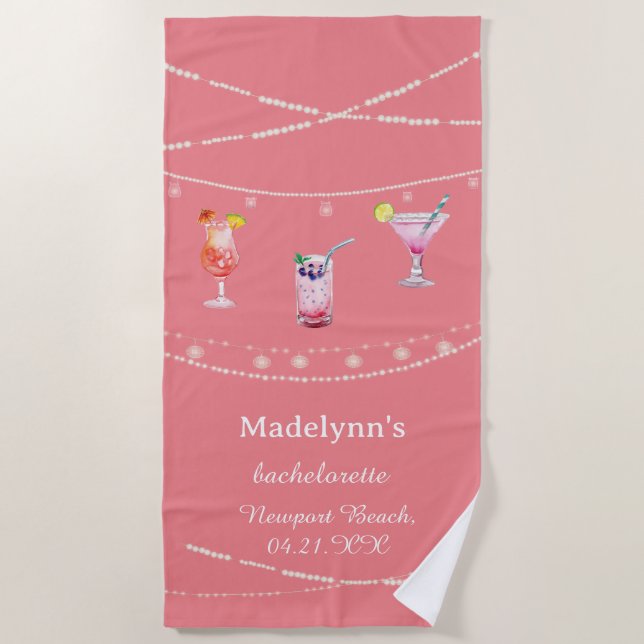 Serviette De Plage Lumières de fête rose personnalisées pour l'enterr (Devant)