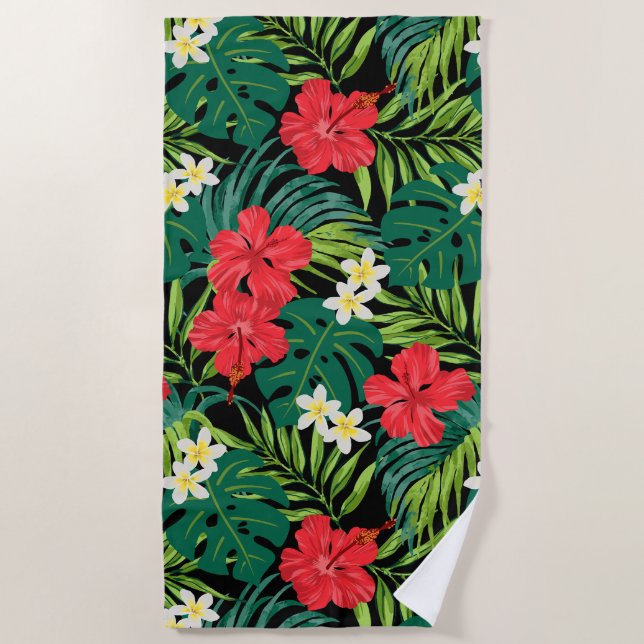 Serviette De Plage Luna Hibiscus Garden Hawaiian - Rouge et Noir (Devant)
